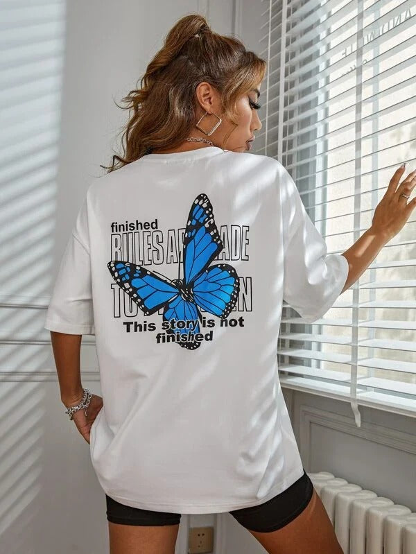 Floral Butterfly Drop Shoulder T-shirt