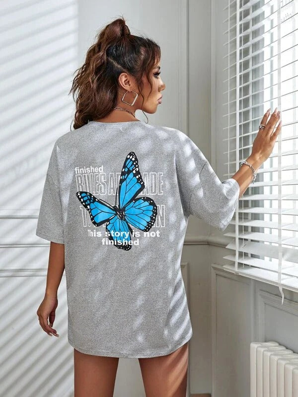 Floral Butterfly Drop Shoulder T-shirt