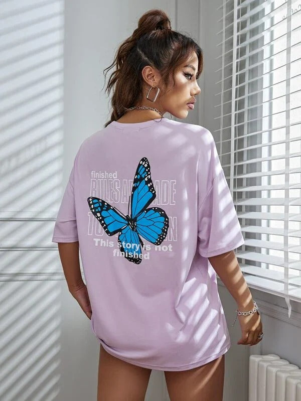 Floral Butterfly Drop Shoulder T-shirt