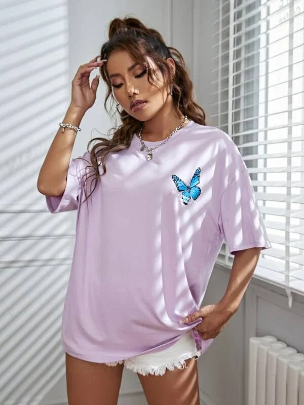 Floral Butterfly Drop Shoulder T-shirt