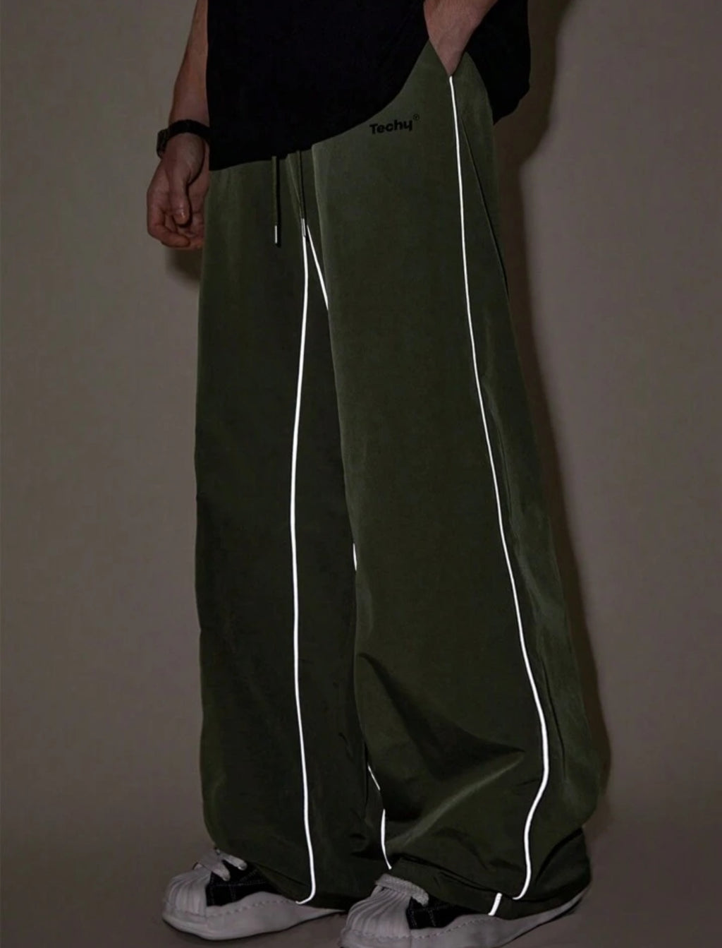 Reflective Striped Loose Elastic Waist Straight Pants
