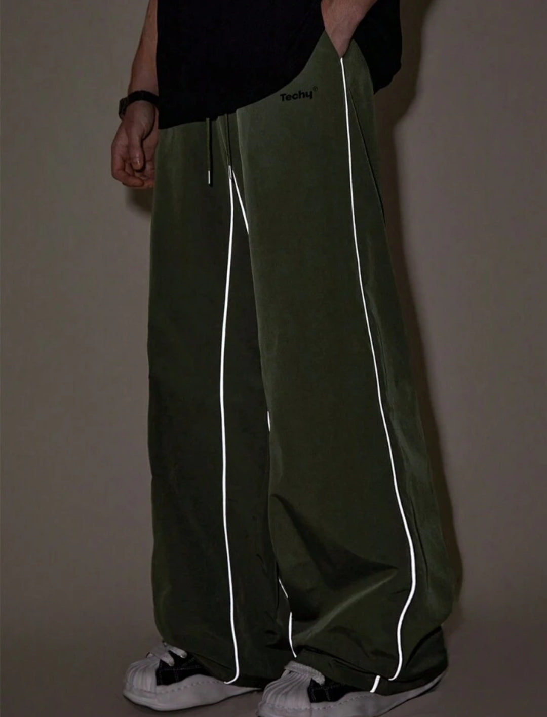 Reflective Striped Loose Elastic Waist Straight Pants