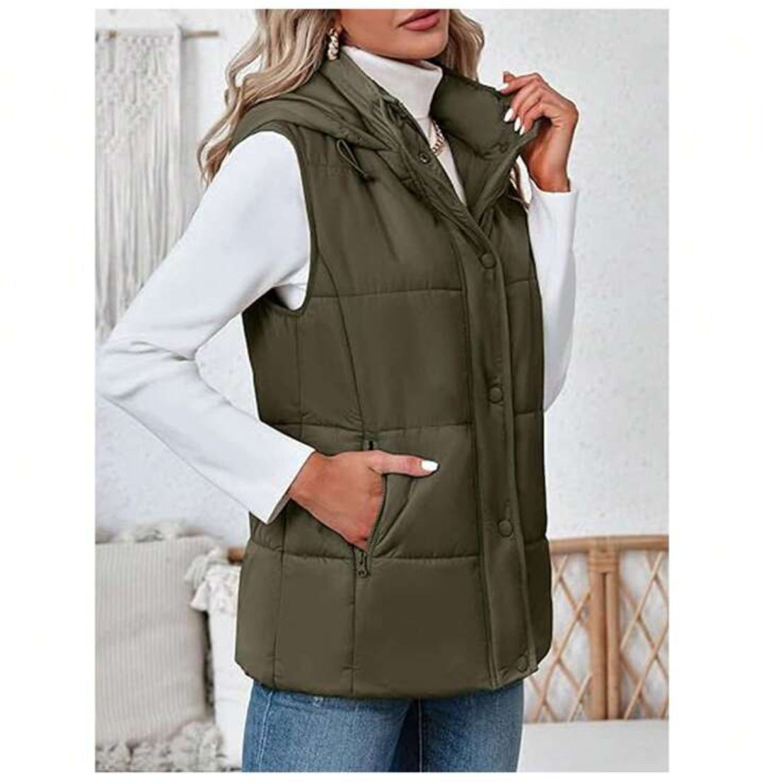 12 Womens Sleeveless Zip Up Puffer Vest Hooded Stand Collar Quilted Jacket Coats With Pockets