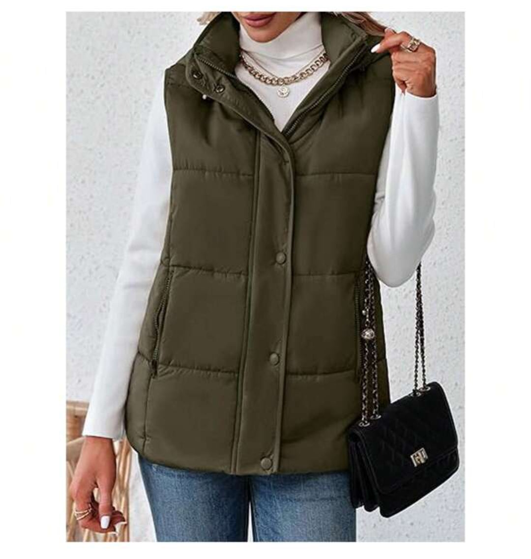 12 Womens Sleeveless Zip Up Puffer Vest Hooded Stand Collar Quilted Jacket Coats With Pockets