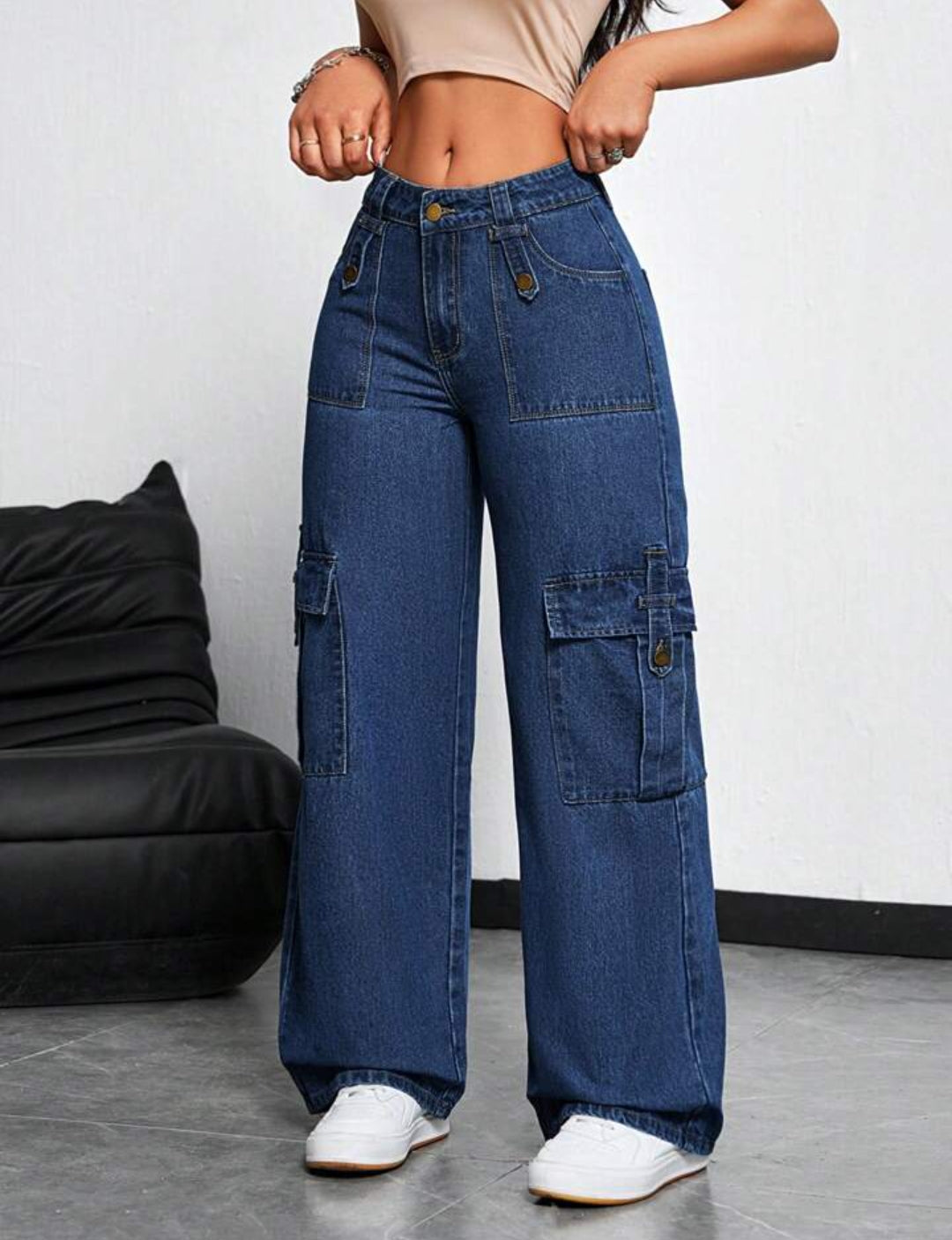 Women's Cargo Pocket Loose Fit Casual Wide Leg Jeans