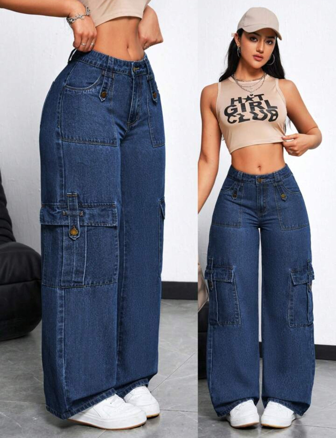 Women's Cargo Pocket Loose Fit Casual Wide Leg Jeans