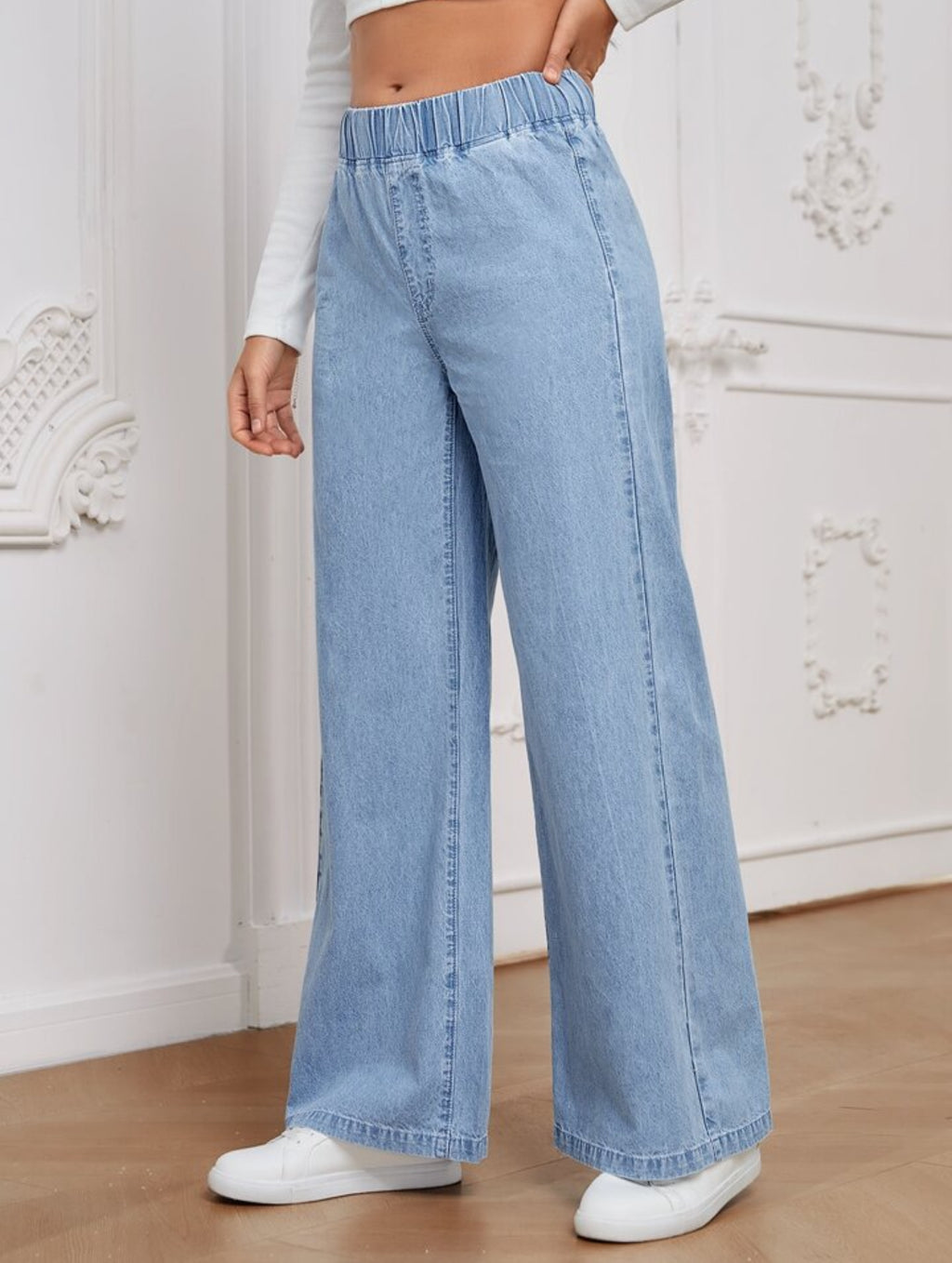 Casual Elastic Waisted Wide Leg Relaxed Regular jean