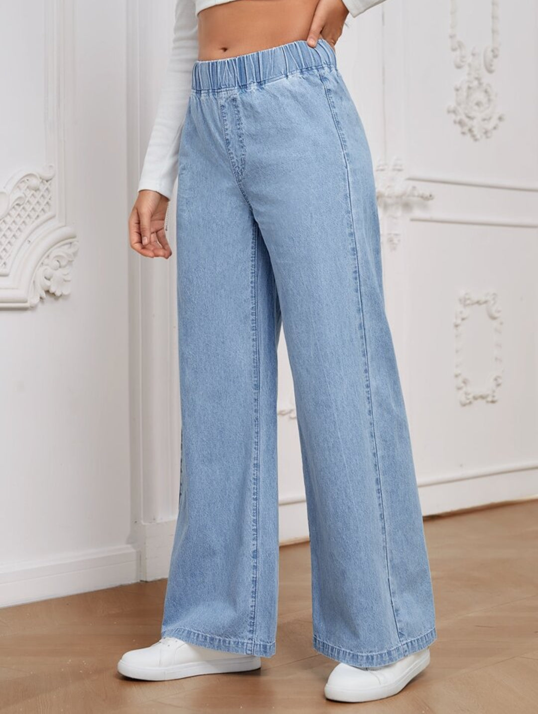 Casual Elastic Waisted Wide Leg Relaxed Regular jean