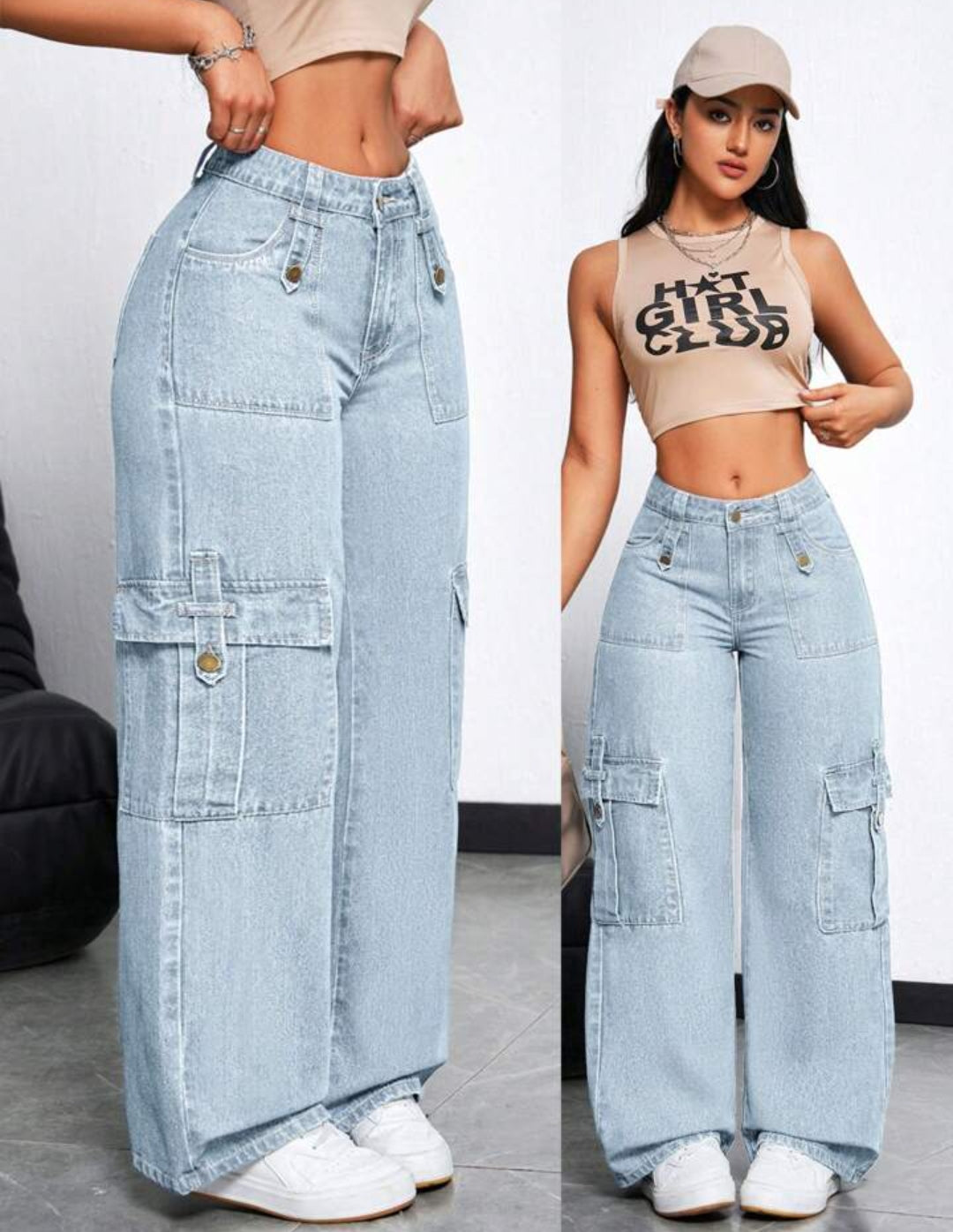 Women's Cargo Pocket Loose Fit Casual Wide Leg Jeans