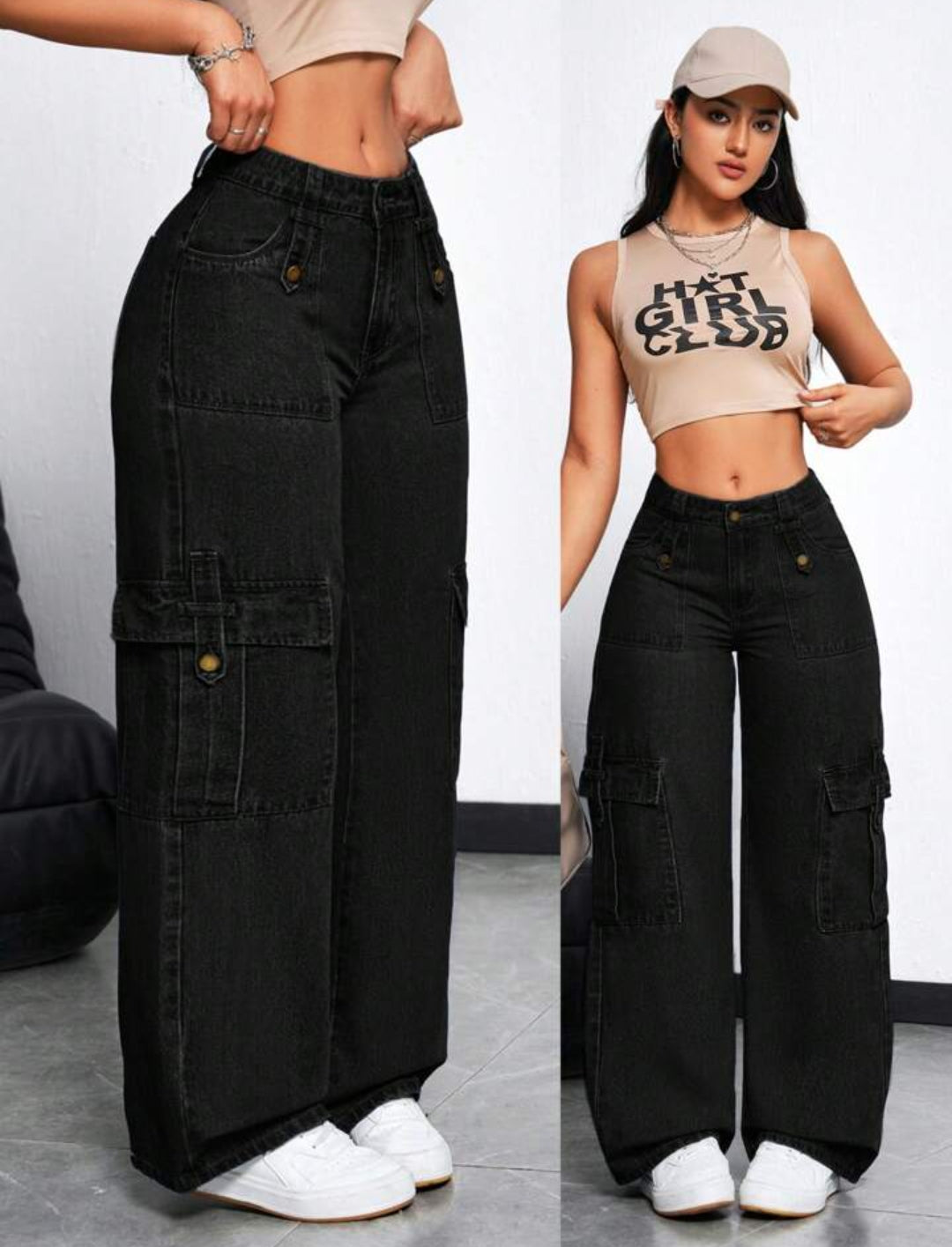 Women's Cargo Pocket Loose Fit Casual Wide Leg Jeans
