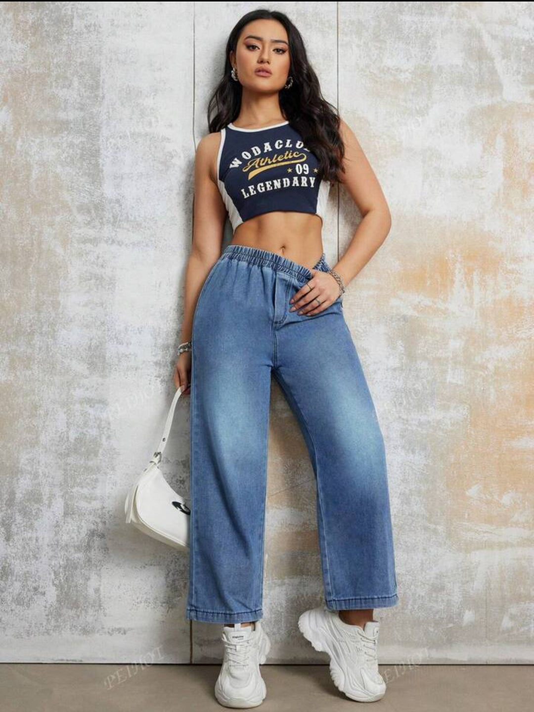 Women's Casual Loose Elastic Waist Straight Leg Jeans